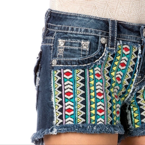 Miss Me Denim Colorful Geometric South western Style Denim Jean Mini Shorts - Picture 3 of 10